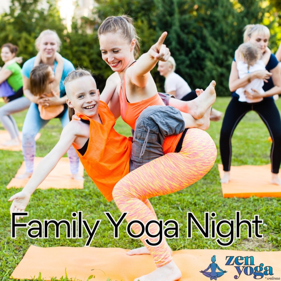 Group of people, including children and adults, participating in an outdoor yoga session on grass, with orange mats, text reads 'Family Yoga Night,' and Zen Yoga & Wellness logo in the corner.