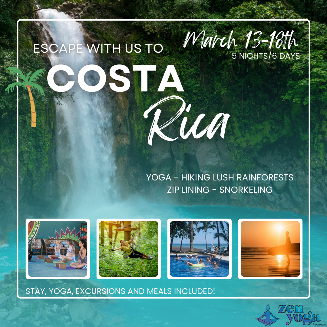 Costa Rica travel advertisement for yoga retreat, March 13-18, featuring activities like hiking, zip-lining, snorkeling, with images of a waterfall, yoga session, zip-lining, and a sunset.