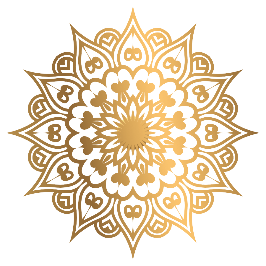 Intricate gold mandala design on a transparent background, with symmetrical geometric and floral patterns radiating from the center.