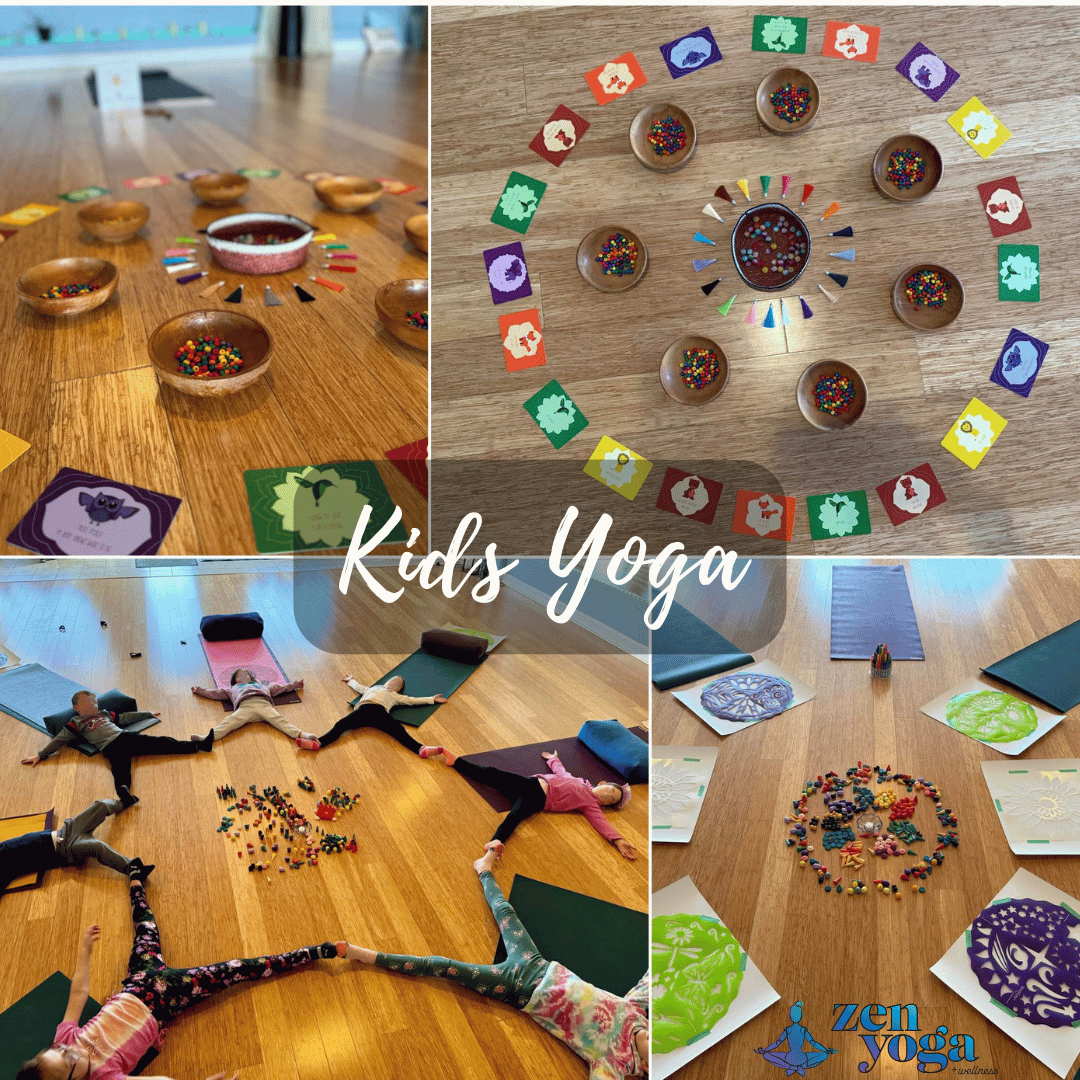 Collage of a kids yoga class with art supplies and children in yoga poses. Includes images of colorful craft materials, circular mat arrangements, and children lying on mats in a circle. The text "Kids Yoga" and "Zen Yoga" logos are present.