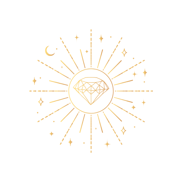Geometric diamond design with radiating lines, stars, and crescent moon in gold on a transparent background.