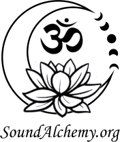 Lotus flower with moon phases, "Om" symbol, and "SoundAlchemy.org" text.